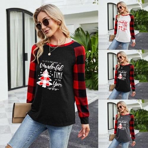 Wear a Christmas tree print plaid T-shirt with long sleeves over your dress for Christmas woman tshirts t shirt women