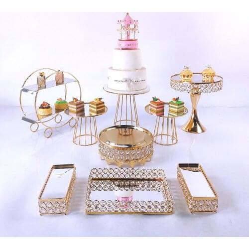 New arrive 9pcs gold mirror cupcake stand crystal metal creative home large fruit plate fruit basket home set cake tool