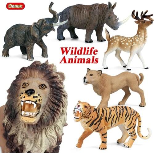Oenux Emulational Wild Animal PVC Model Action Figure Deer Tiger Elephant Lion Figurines Educational Toy Kid Xmas Birthday Gift