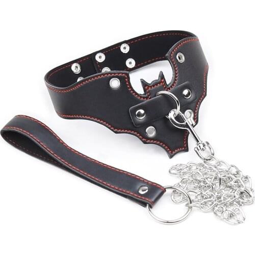 Leather Neck Collar Restraint Gothic Steampunk Choker Chunky Goth Wing Bat Necklace with Metal Chain Leash Women Men BDSM