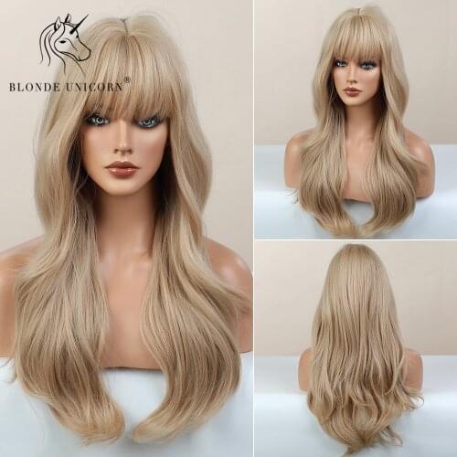 BLONDE UNICORN Long Wavy Synthetic Hair Wigs Light Blonde with Bangs For Black White Women Heat Resistant Fiber Daily Wig