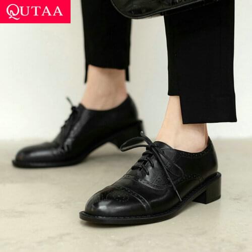 QUTAA 2021 Thick Heels Round Toe Lace Up Women Shoes Spring Autumn Microfiber Basic Fashion Female Pumps Size 34-39