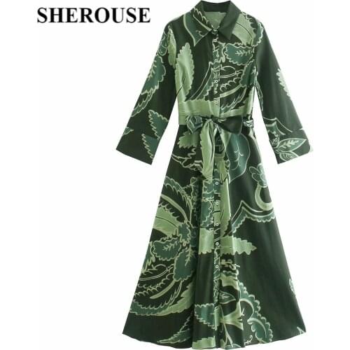 SHEROUSE 2021 Vintage Women Printed Shirt Dress with Sashes Fashion Long Sleeves Chic Lady Casual Woman Maxi Long Dresses Robe