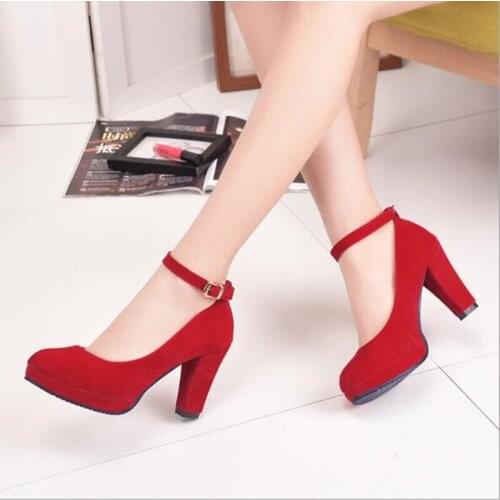 Sexy Red Ankle Strap High heels Autumn Flock Round toe High heels Female Platform Summer Shoes Women Pumps Sandals Muje