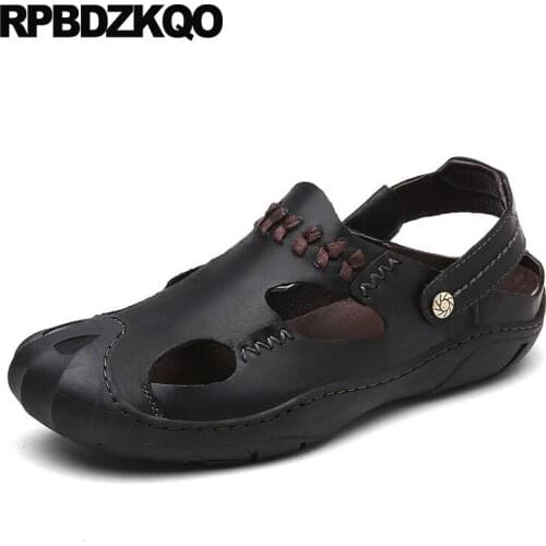 Genuine leather brown italian 2019 shoes men sandals summer runway beach famous brand breathable closed toe black flat casual