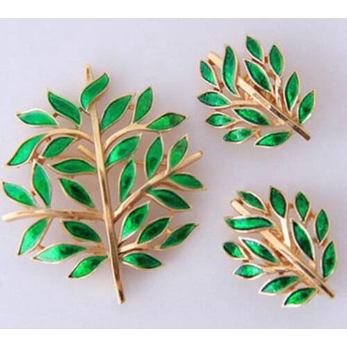 Jewelry, Antique, Green Enamel, Leaf Ear Clip, Brooch Set, Popularity