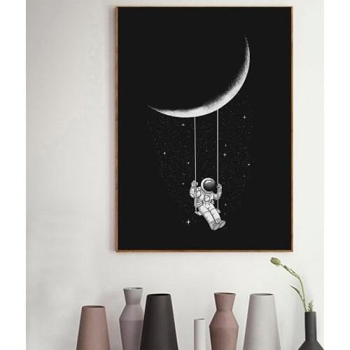 Funny Art Space Astronaut Swinging The Moon Stars Canvas Painting Wall Art Pictures Posters and Prints Home Decoration No Frame