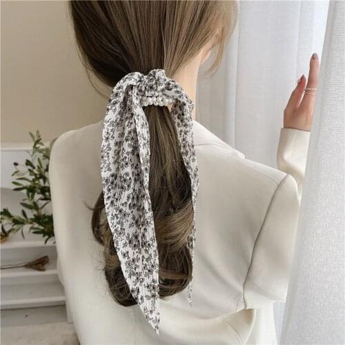 2021 Women Pearl Hair Ties Fashion Ribbon Hairband Scrunchies Girls Ponytail Holders Bow Rubber Band Hair Accessories Headwear