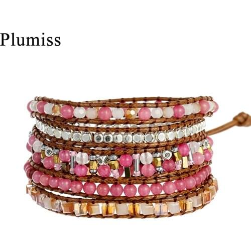 Unique Mix Natural Stone Wrap Bracelet Cute Geometric Crystal Hematite Copper Beads Bracelets for Women Bohemian Jewelry Gift