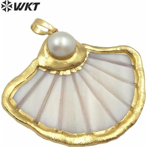 WT-JP153 natural white shell Pendant round ginkgo leaf sector shape gold bezel Connector women fashion Jewelry Necklace