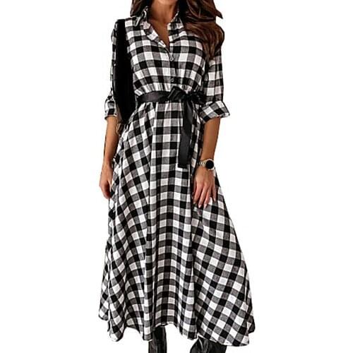 50% Dropshipping Women Chic Turn Down Collar Long Sleeve Plaid Large Hem Buttons Belt Maxi Dress