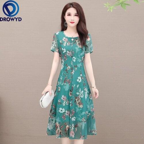 2021 Summer Boho Vintage Green Floral Print Chiffon Dress O-neck Short Sleeve Beach Dresses Elegant Women Bodycon Party Vestidos