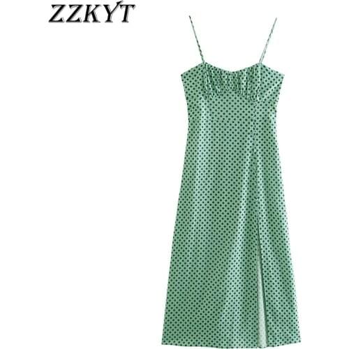 ZZKYT 2021 Women Summer Fashion Polka Dot Button Midi Dress Vintage Sleeveless Back Bow Tie Split Female Party Dresses Vestidos