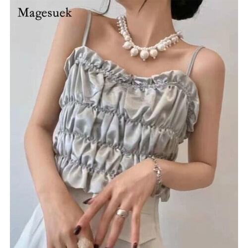 2021 Summer Women Fashion Sleeveless Sling Blouse Solid Folds Tops Elegant Sexy Style Female Army Green Slim Blouse Blusa 15758