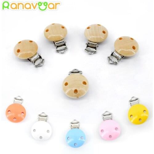 5 PCS Wood Baby Pacifier Clips Natural Color Painting Colorful Wooden Round with Metal Holders Kids Feeding 4.5cm x 2.8cm