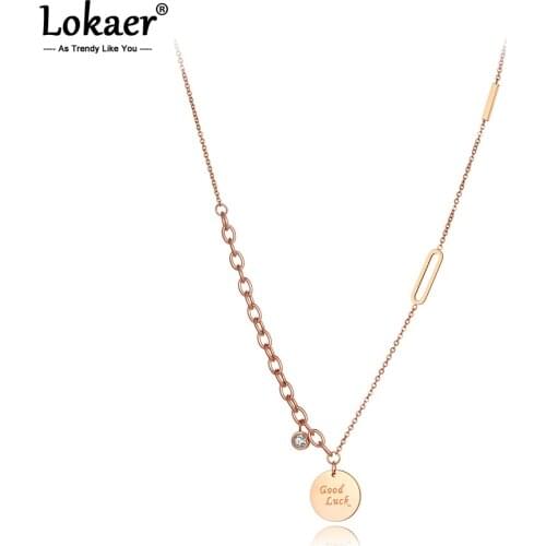 Lokaer Trendy Stainless Steel CZ Crystal Good Luck Pendant Necklaces Rose Gold Chain Link Choker Necklace For Women Girls N20061