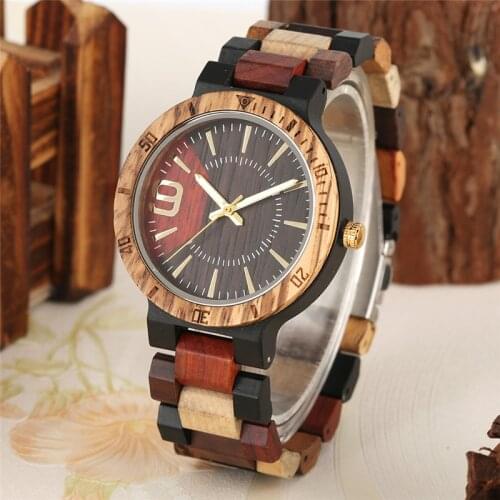 Creative Mens Wood Watch Natural Bamboo Quartz Analog Display Wristwatch Luminous Hands Colorful Adjustable Watch Band reloj