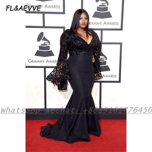 Black Long Sleeve Evening Dress 2021Mermaid Lace Top V Neck Elastic Satin Floor Length Fomal Evening Gown for Women