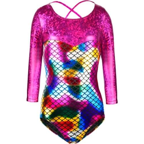 Children gymnastics leotard long sleeve mermaid performance leotard foil printing dance wear dance leotard holographic