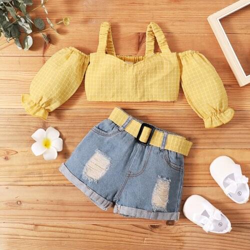 Infant Kids Baby Girls 2pcs Outwear Set Plaid Puff Sleeve Tops + Denim Shorts Casual Summer Children Off Shoulder Clothes Sets