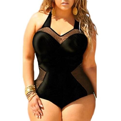 Women Sexy Plus Size Swimsuit Retro Padded One-Piece Bikini Swimwear Black Monokini