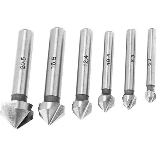 GTBL Round Shank 6Pcs/Set 3 Flute Three Edge Chamfer Chamfering End Mill Cutter Countersink Drill Bit
