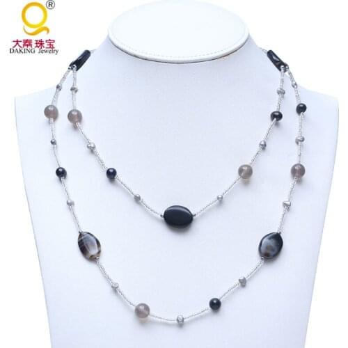 Fashion women necklaces stone long style necklace casual freshwater pearl with glass bead necklace jewelry