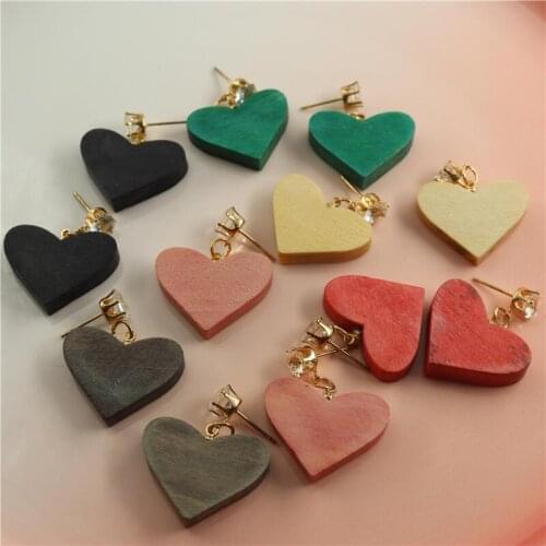 Fashion Zircon Heart Wooden Red Pink Green Dangle Earrings For Women Female Natural Wood Earring Korean Jewelry Wholesale