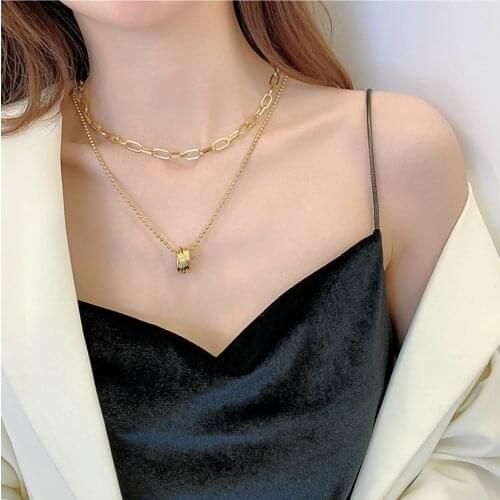 316L Stainless Steel Fashion Upscale Jewelry 2 Layer Minimalist Leisure Charms Thick Chain Choker Necklaces Pendant For Women