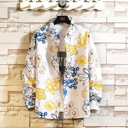 Plus Size 5XL-M Autumn Winter New Long Sleeve Men Floral Shirts Simple All Match Loose Casual Oversized Shirt Male White/Blue