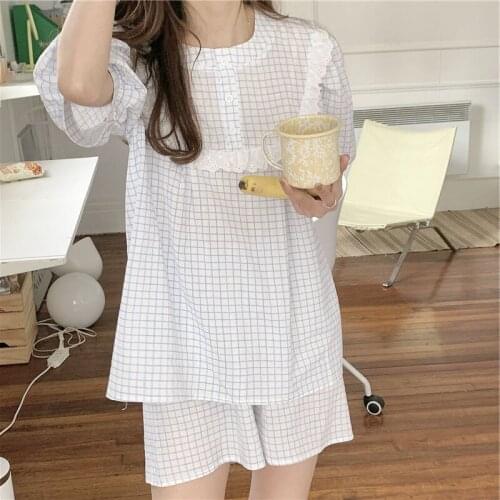 2021 Summer New Womens Pajamas Sets Household Suit Lace Nightgown Bubble Sleeve Cotton Nightwear Lady Sleepwear Sleeping Wear