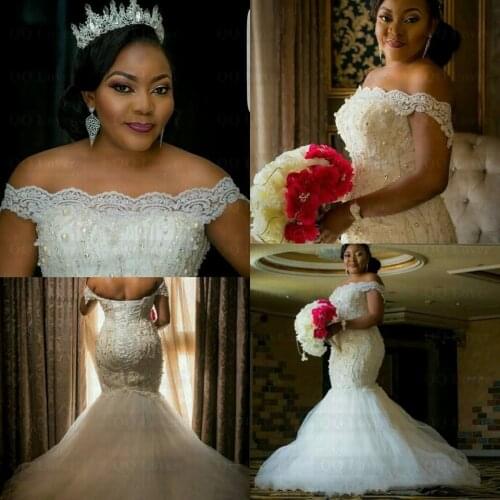 New Arabic Lace Mermaid Wedding Dresses 2021 Elegant Beading Off the Shoulder African Bridal Gowns