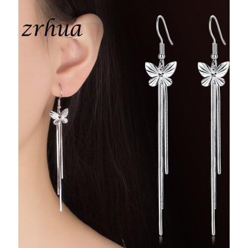 ZRHUA New 925 Sterling Silver Drop Earring Women Jewelry Classic Butterfly Pendant with Ear Wire Chain Earrings for Women Party
