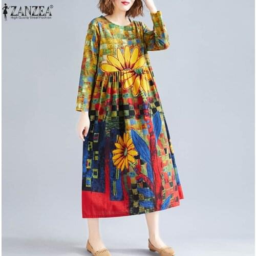 ZANZEA Famale Full Sleeve Midi Vestidos Femme Elegant Flowers Printing Sundress Crew Neck Stylish Baggy Pocket Robe A-Line Dress