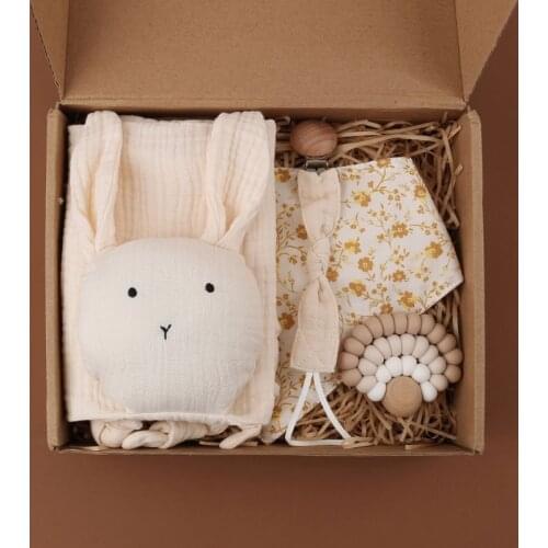 Baby Birthday Gift Set Double Sided Cotton Bib Silicone Beads Teether Toys Pacifier Chain Clips Baby Products with Packing Box