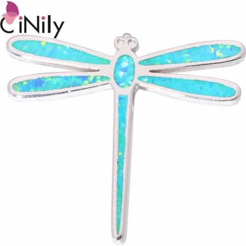 CiNily Created Blue White Fire Opal Silver Plated Wholesale Dragonfly for Women Jewelry Christmas Gift Pendant 1 1/8" OD6737-38