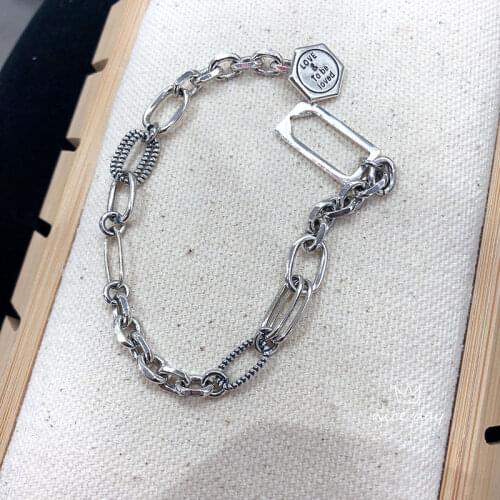 925 Sterling Silver Geometric Letter Bracelet Vintage Handmade Irregular Chain Bracelet Wholesale
