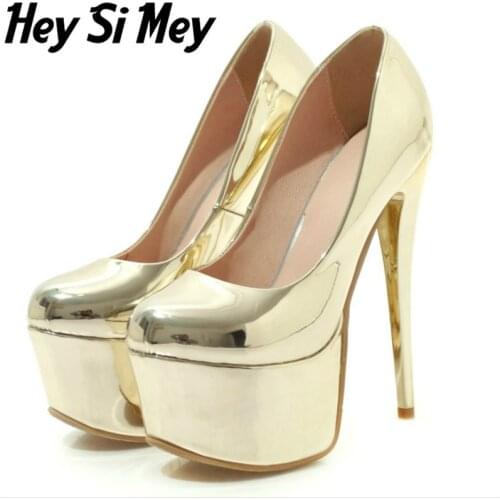 Fashion 16cm Ultra High Heels Shoes Female Sexy Silver Gold Womens Heels Pumps Round Toe Large Size Party Wedding Shoes Lady