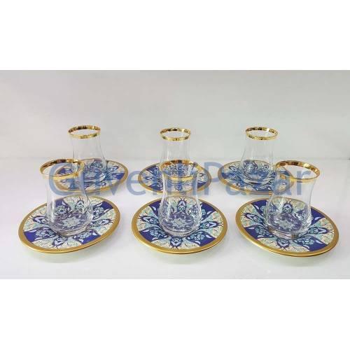 Turkish Tea Cup Traditional Turkish Tea Cup Slim Waisted 6 Personality Tea Set Blue White Tulip Gold Glitter 12 Piece tea Set