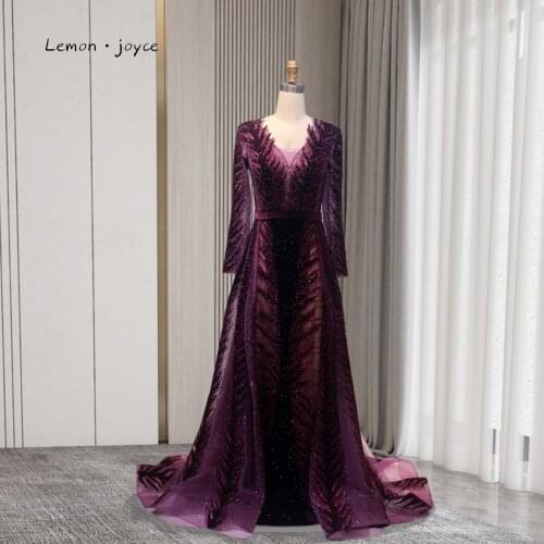 Lemon Joyce Dark Purple Muslim Dubai Evening Dresses 2021 Long Sleeves Sexy V-Neck Mermaid Velvet Evening Gowns Plus Size