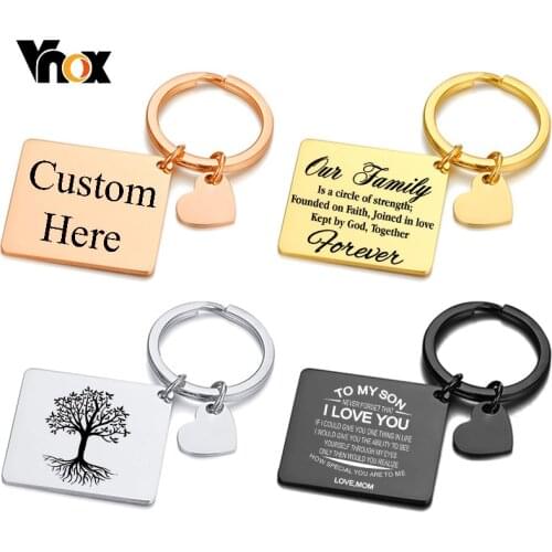 Vnox Customize Key Chain for Men Women, Smooth Square Tag with Heart Charm Keyring, Personalized Family Husband Father Gift