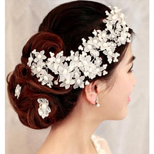 Crystal Pearl Flower Barrettes Bride Headband Handmade Hairpin Korean Bridal Tiara Headpiece Hair Jewelry Wedding Accessories SL