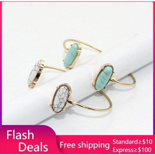 3 Colors Faux Marble Stone Cuff Bangle Gold Color White Blue Geometric Oval kallaite Bracelets Bangles Women Accessories