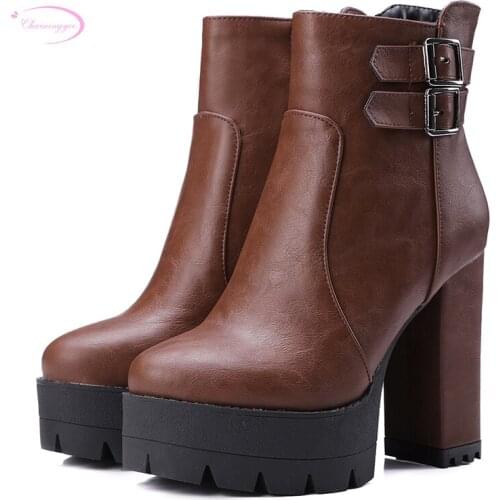 Chainingyee street comfortable round toe ankle boots fashion zippers buckle platform high heel womens riding boots big size