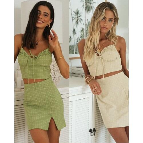 Womens Two Piece Set Lace Up Check Pattern Crop Tops Solid Color Elastic Back Camisole Split Hem Skirt Split hip skirt suit