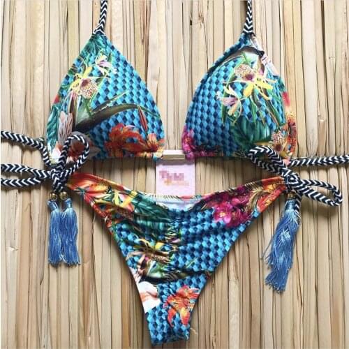2020 Women Sexy Bikini Set Floral Print Bandage Swimsuit Low Waist Thong Brazilian Biquini Swimwear Women Summer Beach Wear S~L