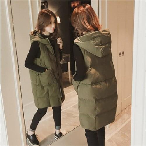 Women Vest Autumn Winter 2021 Jacket Pocket Hooded Coat Warm Casual Cotton Padded Vest Female Sleeveless Long Waistcoat In Stock