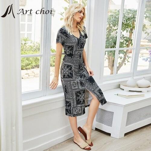 2021 Elegant Women Midi Print Dress Skirt Summer A Line V Neck Slit Chic Work Office Ladies Bodycon Black Party Vestido