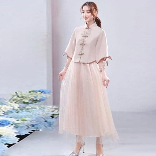 Women Chinese Bridesmaid Dress Long Tang Suit Pink Evening Dresses Chinese Traditional Wedding Banquet Vintage Elegant Birthday