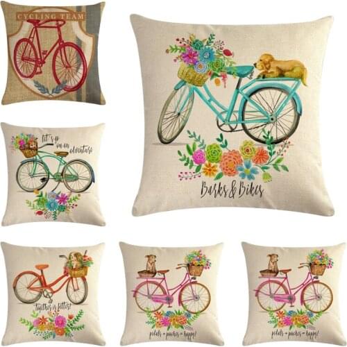 1Pcs Bicycle Bike Flower Pattern Cotton Linen Throw Pillow Cushion Cover Home Decoration Sofa Bed Decor Decorative Pillowcase